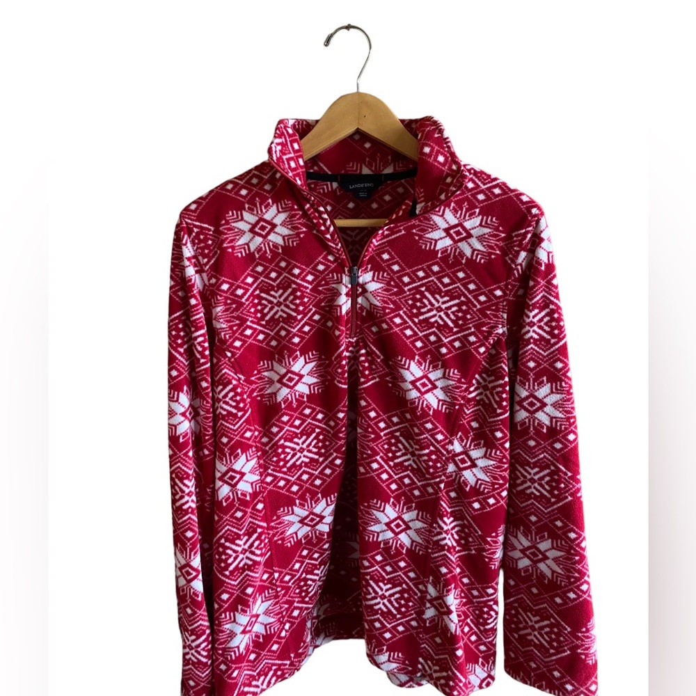 Land’s End Red with White Snowflake Quarter-Zip Fleece Sweater